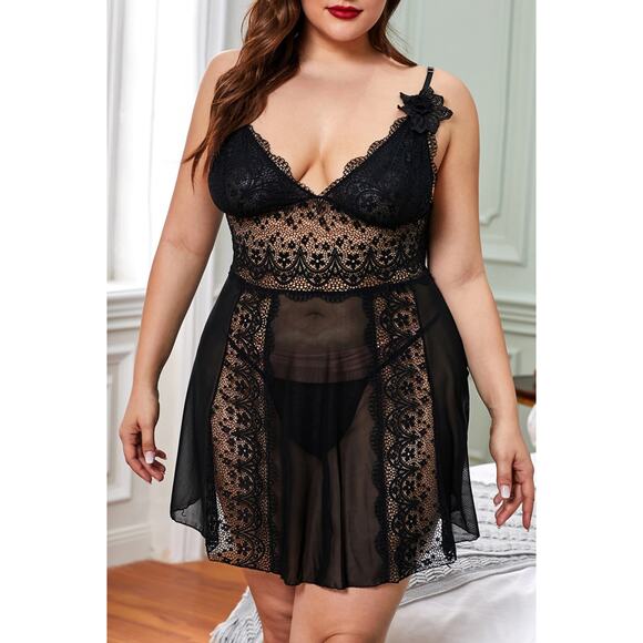 Womens Black Sheer Babydoll Chemise Lingerie Slip Lace Bust and GString Panty 2X - Picture 2 of 5